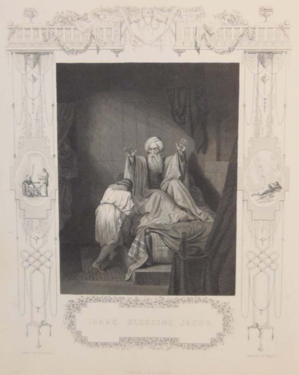Antique print of religious and biblical interest from the early 1840's to 1850's. Print is titled Isaac Blessing Jacob and was engraved by J Rogers.