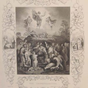 Antique print of religious and biblical interest from the early 1840's to 1850's. Print is titled The Transfiguration and was engraved by J Rogers, after a painting by Raphael.