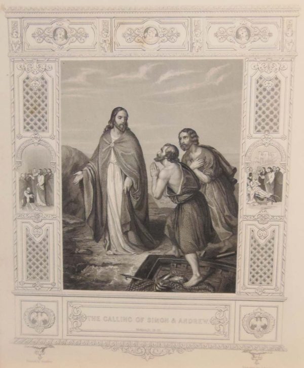 Antique print of religious and biblical interest from the early 1840's to 1850's. Print is titled The Calling of Simon and Andrew and was engraved by J Rogers.