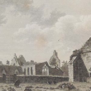 Pair antique prints, copper plate engravings of Abbey's in County Laois, Aghaboe and Aghamacart. The prints where published in 1797.