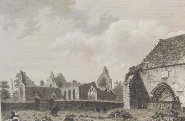 Pair antique prints, copper plate engravings of Abbey's in County Laois, Aghaboe and Aghamacart. The prints where published in 1797.