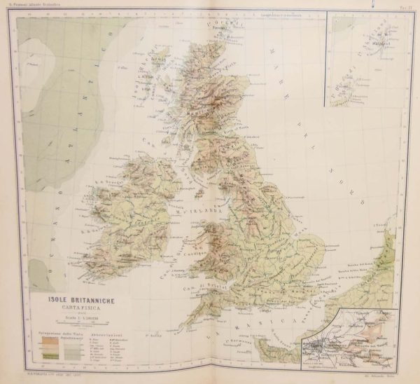 Antique colour map of Great Britain and Ireland Physical Features. The map was originally printed in Italy and is titled Isole Britanniche Carta Fisica.