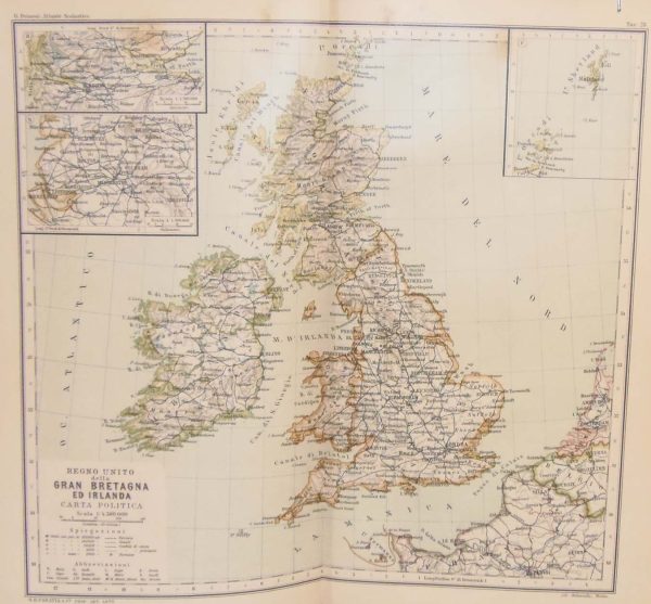 Antique colour map of Great Britain and Ireland Political. The map was originally printed in Italy and is titled Regno Unito della Gran Bretagna ed Irlanda.