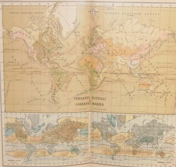 Antique colour map of Marine Currents, also includes 2 smaller maps at bottom, titled Versanti Fluviali e Correnti Marine.