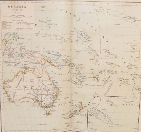 Antique colour map of Oceania Political. The map was originally printed in Italy and is titled Oceania Politico.