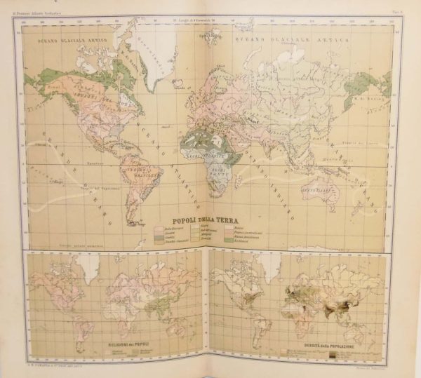 Antique colour map of the World Population, also includes two smaller maps of Religion and density.