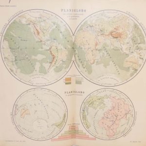 Antique colour map of World Hemispheres, features two smaller maps of the spheres. The map was originally printed in Italy.
