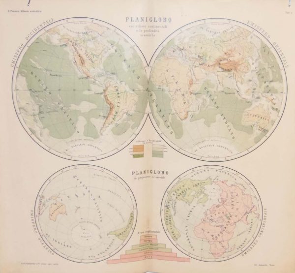 Antique colour map of World Hemispheres, features two smaller maps of the spheres. The map was originally printed in Italy.