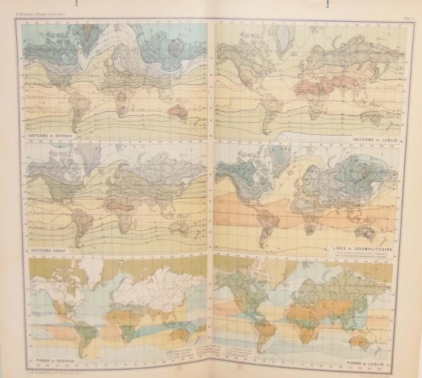 Antique colour map of the World Weather, map is made up of six smaller maps containing information. The map was originally printed in Italy.