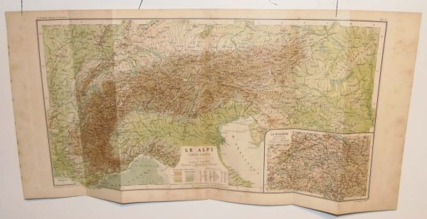 Antique colour map of the Alps. The map was originally printed in Italy and is titled Le Alpi Carta Fiscia.