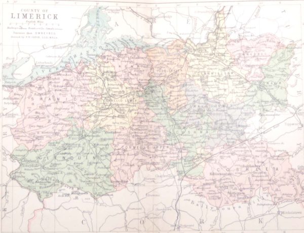 1881 Antique Colour Map of The County of Limerick printed by George Philips, with the map constructed by John Bartholomew and edited by P. W. Joyce.