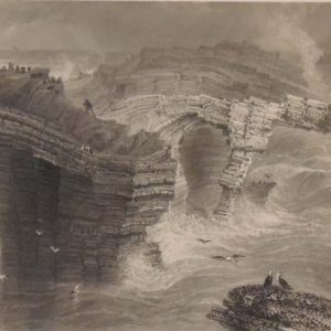 Antique print circa 1845, a steel engraving of the Natural Bridges in Kilkee. The print was engraved by J C Bentley and is after a drawing by W H Bartlett.