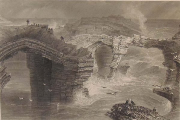 Antique print circa 1845, a steel engraving of the Natural Bridges in Kilkee. The print was engraved by J C Bentley and is after a drawing by W H Bartlett.