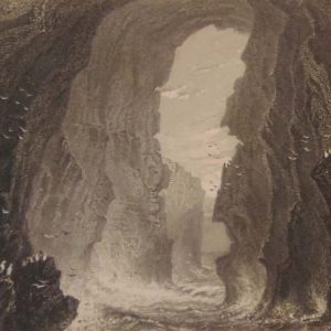 Antique print circa 1845, a steel engraving of Dunkerry Cave in County Antrim. The print was engraved by R Brandard and is after a drawing by W H Bartlett.