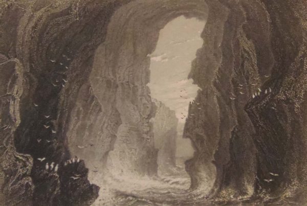 Antique print circa 1845, a steel engraving of Dunkerry Cave in County Antrim. The print was engraved by R Brandard and is after a drawing by W H Bartlett.
