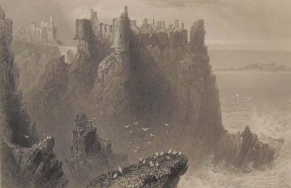 Antique print circa 1845, a steel engraving of Dunluce Castle in County Antrim. The print was engraved by R J Cousen and is after a drawing by W H Bartlett.