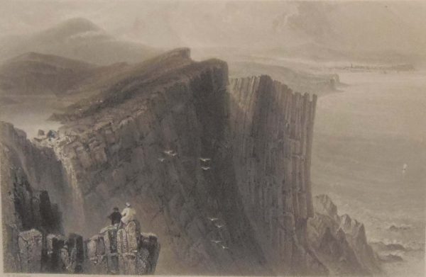 Antique print circa 1845, a steel engraving of Fairhead in County Antrim. The print was engraved by Robert Brandard and is after a drawing by W H Bartlett.