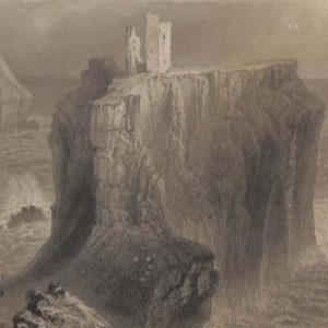 Antique print circa 1845, a steel engraving of Dunseverick Castle in County Antrim. The print was engraved by R Wallis and is after a drawing by W H Bartlett.