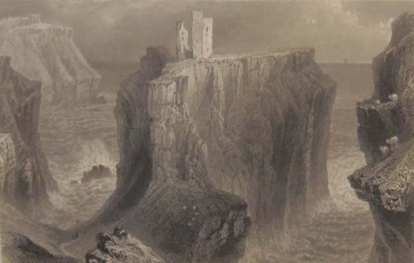 Antique print circa 1845, a steel engraving of Dunseverick Castle in County Antrim. The print was engraved by R Wallis and is after a drawing by W H Bartlett.