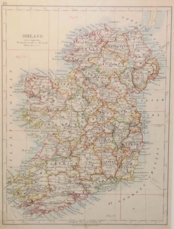 Antique map of Ireland published in 1905. The map was originally published by W & A K Johnson in Edinburgh as part of the World Wide Atlas.