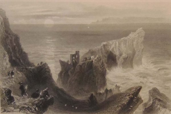 Antique print circa 1845, a steel engraving of Kinbane in County Antrim. The print was engraved by C Richardson and is after a drawing by W H Bartlett.