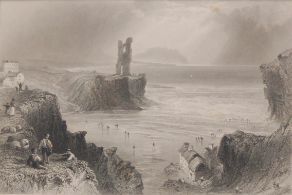 1841 Antique print, steel engraving of Ballybunion in County Kerry. The print was engraved by J Cousen and is after a drawing by William Bartlett.