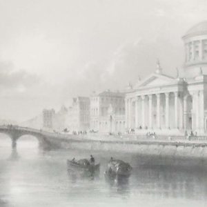 1841 Antique Steel engraving of the Four Courts, Dublin. The print was engraved by E J Roberts and is after a drawing by William Bartlett.