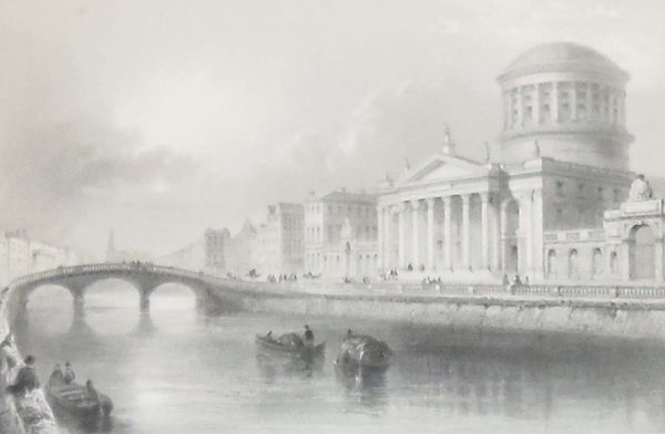 1841 Antique Steel engraving of the Four Courts, Dublin. The print was engraved by E J Roberts and is after a drawing by William Bartlett.