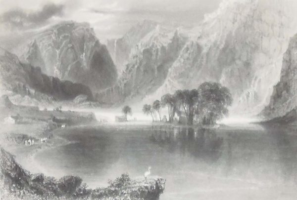 1841 Antique Steel engraving of Gougane Barra in County Cork. The print was engraved by S Bradshaw and is after a drawing by William Bartlett.