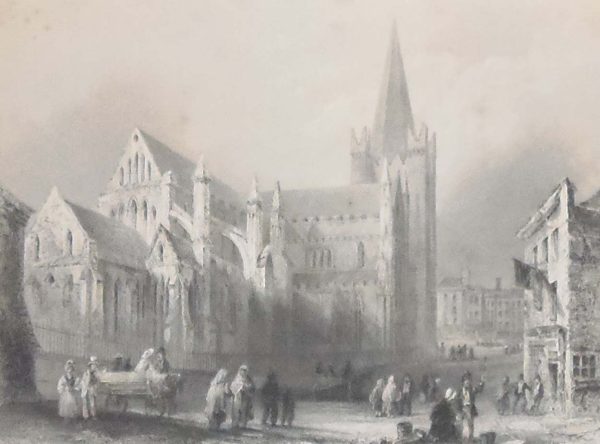 1841 Antique Steel engraving of St Patricks Cathedral, Dublin. The print was engraved by F W Topham and is after a drawing by William Bartlett.