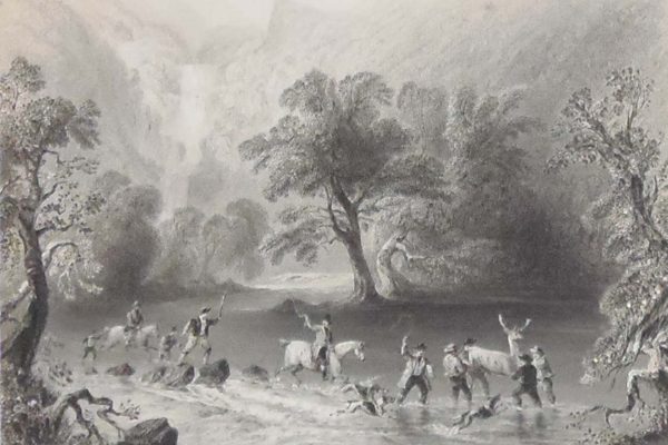 1841 Antique Steel engraving of Taking a Stag, Derrycunnihy Cascade, County Kerry. The print was engraved byH Griffiths and is after a drawing by William Bartlett.