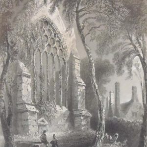 1841 Antique Steel engraving of Youghal Abbey in County Cork, the residence of Sir Walter Raleigh. The print was engraved by E J Roberts and is after a drawing by William Bartlett.