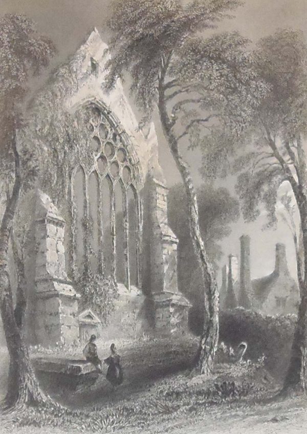 1841 Antique Steel engraving of Youghal Abbey in County Cork, the residence of Sir Walter Raleigh. The print was engraved by E J Roberts and is after a drawing by William Bartlett.
