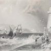 1841 Antique Steel engraving of the South-wall Lighthouse, Poolbeg, Dublin. The print was engraved by J C Bentley and is after a drawing by William Bartlett.