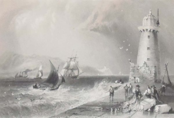 1841 Antique Steel engraving of the South-wall Lighthouse, Poolbeg, Dublin. The print was engraved by J C Bentley and is after a drawing by William Bartlett.