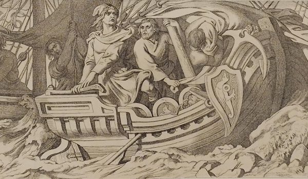Etching from 1866 after a drawing by Daniel Maclise RA, titled Harold's ship stranded on the Norman coast in the territory of Guy, Count of Ponthieu.
