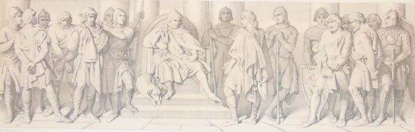 Etching from 1866 after a drawing by Daniel Maclise RA, titled Harold and his companions , brought as prisoners, before Guy of Ponthieu and his Norman Knights.