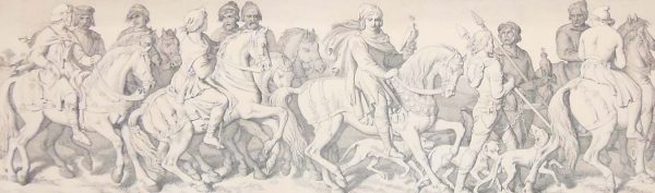 Etching from 1866 after a drawing by Daniel Maclise RA, titled Harold and his Knights ride to the place of their embarkation at Bosham, Sussex.