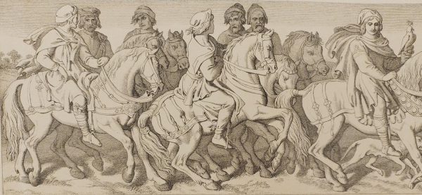 Etching from 1866 after a drawing by Daniel Maclise RA, titled Harold and his Knights ride to the place of their embarkation at Bosham, Sussex.