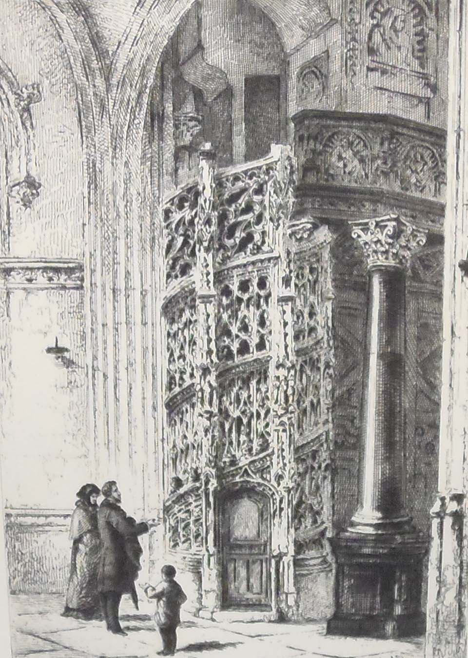Etching by J Adeline of Escalier de St Maclou in Rouen. Printed in Paris by A Salmon and edited by E Áuge