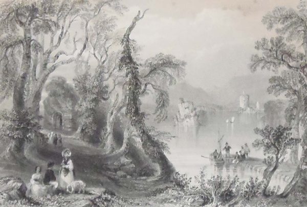 1841 Antique Steel engraving of Innisfallen Lake of Killarney, County Kerry. The print was engraved by J C Bentley and is after a drawing by William Bartlett.