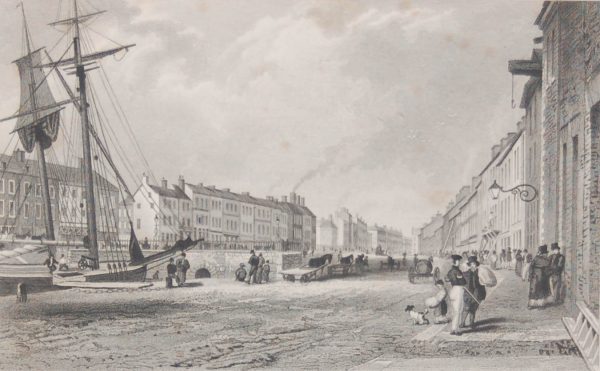 Antique print from 1832 of High Street Belfast, County Antrim, Ireland. The print was engraved by J Davis and is after a drawing by T M Baynes.