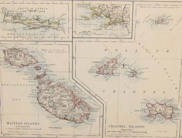 Antique map of various islands published in 1905, showing, Channel Islands, Malta, Crete and Naples. There is a map of other islands on the reverse.