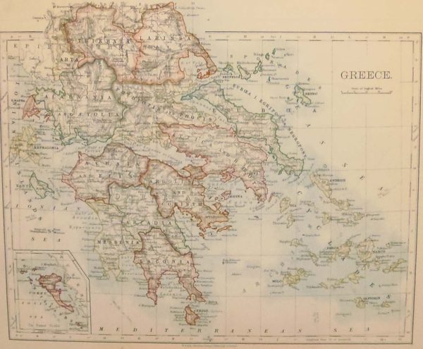 Antique map from 1905 of Greece. There is a map showing Bosnia & Serbia on the reverse.