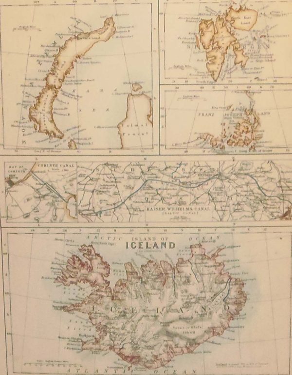 Antique map of various islands published in 1905, showing, Novia Zemlia, Spitzbergen, Franz Joseph Land, Iceland and the Baltic and Corinth canals.