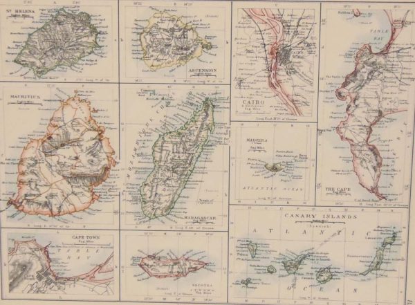 Antique map of the islands of Africa published in 1905, showing, St Helena, Ascensions, Mauritius, Madagascar, Socotra, Madeira, Canary Islands as well as Cairo and the Cape.