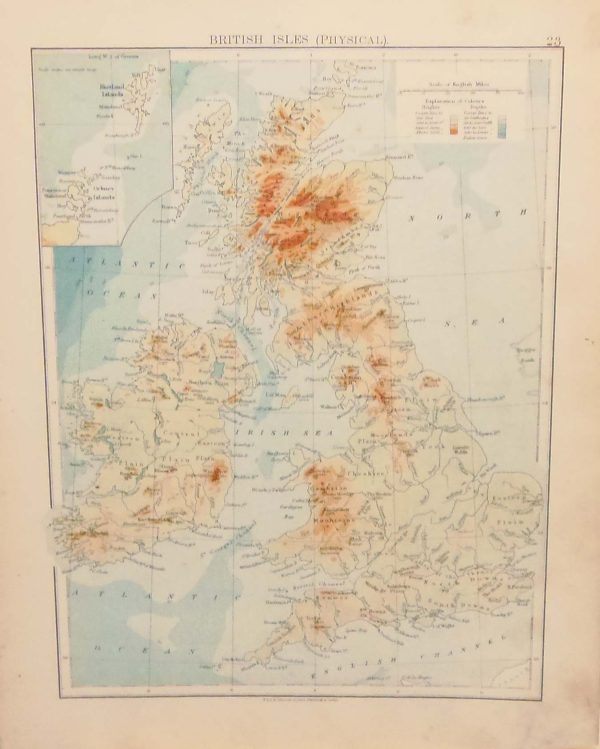 Antique map from 1905 of the British Isles (Physical). There is a map showing Spain & Portugal on the reverse.