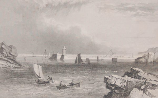 Antique print from 1832 of Dunmore Pier near Waterford. The print was engraved by Dixon and is after a drawing by William Bartlett.