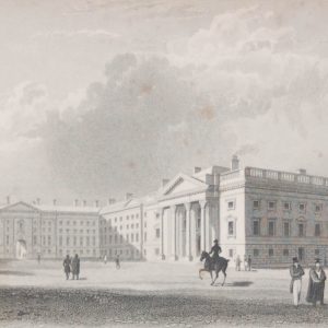 Antique print from 1832 of Parliament Square Trinity College in Dublin, Ireland. The print was engraved by J Davis and is after a drawing by William Bartlett.
