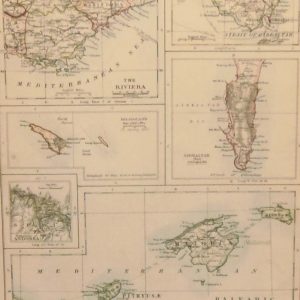 Antique map showing the Riviera, Gibraltar, Heligoland, Andorra and the Balearic Islands. There is a map showing French & Italian islands on the reverse.